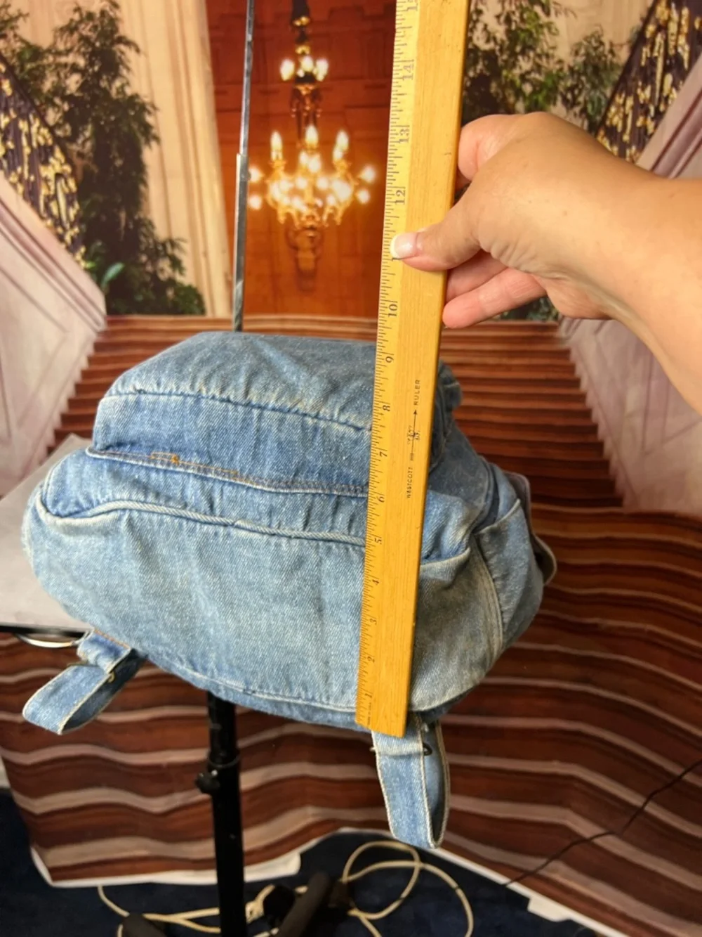 Vintage Gitano Blue Denim Backpack, top zip, front zip compartments, side pocket